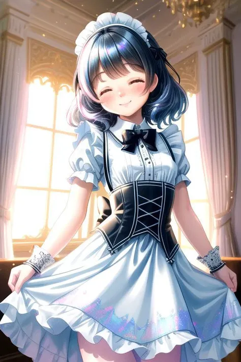 (cute style, big head, big eyes, bright pastel colors:1.3), standing, cute short french maid wearing (pastel ruffled gleaming holographic:1) dress with lace maid gloves, soft lighting, (Mary Janes shoes, short ruffled bobby socks:0.8), ruffles, (small breasts, cute face, perfect symmetric face, glossy lipstick, blush:1.3), (happy smile with closed eyes, ^_^, large bow, frills), (curtsy, lifting sides of skirt:1.4), (inside rich mansion, detailed intricate background:1.4), (sparkling hair, sparkling clothes:1.2), (shiny glossy holographic clothing, gleaming holographic fabric:1.1),
(absurdres, incredibly absurdres, huge filesize, extremely detailed, High quality texture, physically-based rendering, Ray tracing, octane render, sharp focus, (Masterpiece), (Best Quality), extremely detailed, intricate, hyper detailed, illustration, soft lighting, high resolution, sharp detail)