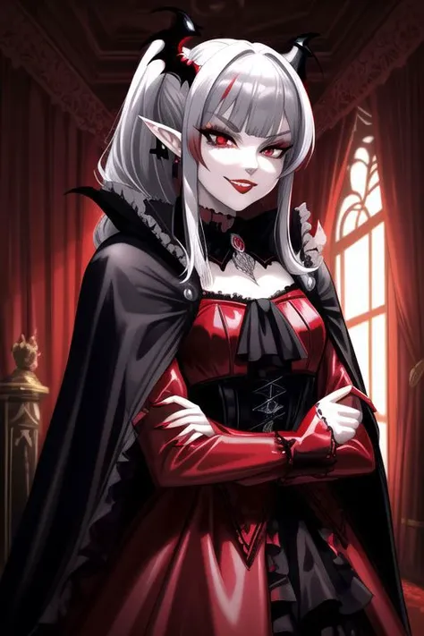 (half body, cowboy shot:1.2), professional image of a cute vampire woman, (frilly elegant glossy latex vampire dress, vampire brooch, vampire earrings, vampire accessories),
(vampire cloak:1.3), (hair, ponytail, hair above cheeks, grey hair with red hairtips, gradient hair, multicolored hair:1.2), (red eyes, evil smirk, evil face:1.2), (pointy ears, perfect teeth:1.3), (snake eyes), (corruption, dark_persona:1.1), (glossy red lipstick, eyeshadow, red mascara, long eyelashes:1.3), (shiny glossy translucent clothing, gleaming oily latex fabric:1.1),
(intricate dark mansion background, vampire manshion, red latex furniture, red carpet:1.2), 
(absurdres, incredibly absurdres, huge filesize, High quality texture, physically-based rendering, Ray tracing, octane render, sharp focus, (8k), (4k), (Masterpiece), (Best Quality), extremely detailed, intricate, hyper detailed, high resolution, sharp detail)