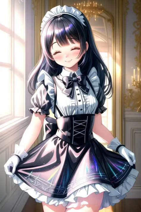 (cute style, big head, big eyes, bright pastel colors:1.3), standing, cute short french maid wearing (pastel ruffled gleaming holographic:1) dress with lace maid gloves, soft lighting, (Mary Janes shoes, short ruffled bobby socks:0.8), ruffles, (small breasts, cute face, perfect symmetric face, glossy lipstick, blush:1.3), (happy smile with closed eyes, ^_^, large bow, frills), (curtsy, lifting sides of skirt:1.4), (inside rich mansion, detailed intricate background:1.4), (sparkling hair, sparkling clothes:1.2), (shiny glossy holographic clothing, gleaming holographic fabric:1.1),
(absurdres, incredibly absurdres, huge filesize, extremely detailed, High quality texture, physically-based rendering, Ray tracing, octane render, sharp focus, (Masterpiece), (Best Quality), extremely detailed, intricate, hyper detailed, illustration, soft lighting, high resolution, sharp detail)