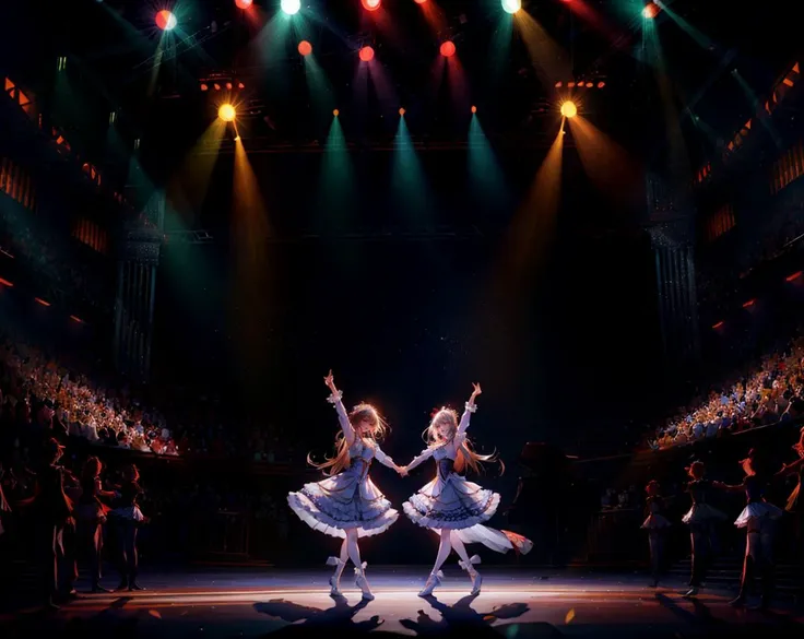 dancers on stage, frilly costumes, impressive choreography, moody lighting