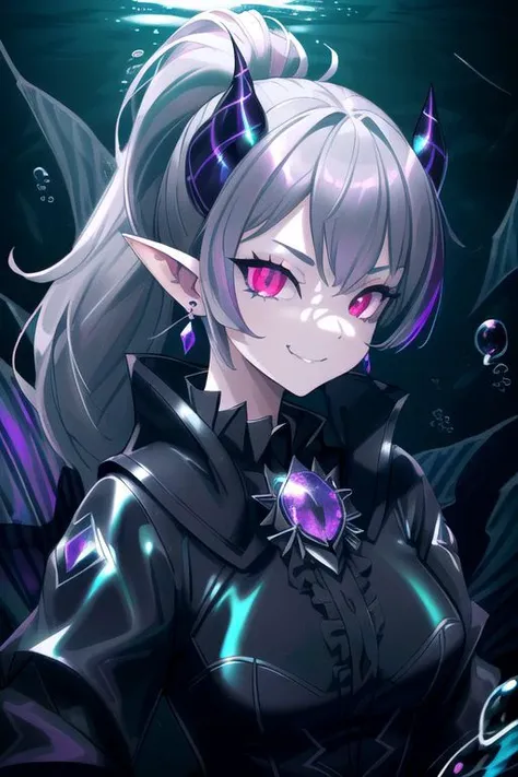 professional image of a cute young woman, (frilly elegant glossy dark holographic dress, pearl brooch, pearl earrings, pearl accessories),
(demon horns, demon tail, demon wings:1.1), (hair, ponytail, hair above cheeks, grey hair with dark purple hairtips, gradient hair, multicolored hair:1.2), (red eyes, evil smirk, evil face:1.2), (pointy ears, sharp fangs:1.1), (IncrsSlitPupil, slit pupils), (Corrupt_Girl, corruption, dark persona:1.3), dark,
(intricate dark aquatic background, underwater darkness, dark water, dark ocean floor, deep-sea fish, bubbles:1.4), 
(ultra wide angle shot, cinematic style, absurdres, incredibly absurdres, huge filesize, extremely detailed, High quality texture, physically-based rendering, Ray tracing, octane render, sharp focus, (8k), (4k), (Masterpiece), (Best Quality), extremely detailed, intricate, hyper detailed, illustration, soft lighting, high resolution, sharp detail,)