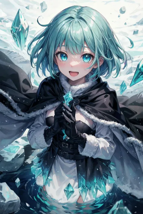 1girl,winter,winter clothes,aqua eyes,high_angle,crystal,floating hair,reflection,wind,black gloves,oversized clothes,glowing,transparent,(surprised,happy:1.1),holding,bob_cut,bangs,cape,solo focus, best quality,highres