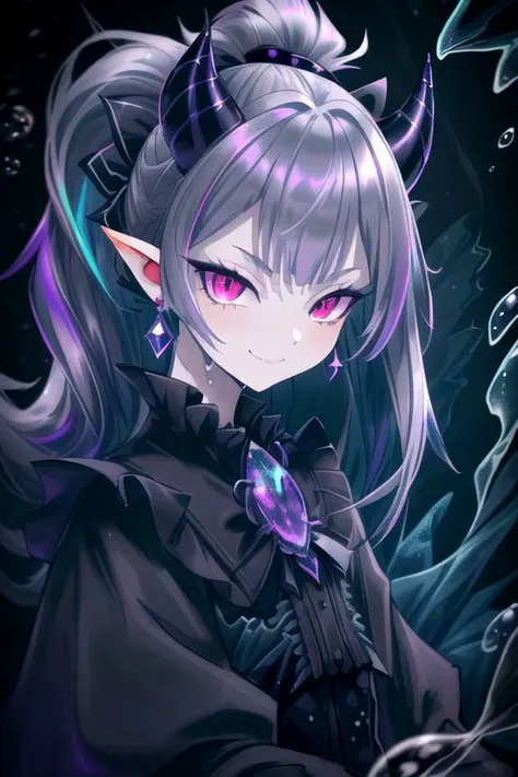 professional image of a cute young woman, (frilly elegant glossy dark holographic dress, pearl brooch, pearl earrings, pearl accessories),
(demon horns, demon tail, demon wings:1.1), (hair, ponytail, hair above cheeks, grey hair with dark purple hairtips, gradient hair, multicolored hair:1.2), (red eyes, evil smirk, evil face:1.2), (pointy ears, sharp fangs:1.1), (IncrsSlitPupil, slit pupils), (Corrupt_Girl, corruption, dark persona:1.3), dark,
(intricate dark aquatic background, underwater darkness, dark water, dark ocean floor, deep-sea fish, bubbles:1.4), 
(ultra wide angle shot, cinematic style, absurdres, incredibly absurdres, huge filesize, extremely detailed, High quality texture, physically-based rendering, Ray tracing, octane render, sharp focus, (8k), (4k), (Masterpiece), (Best Quality), extremely detailed, intricate, hyper detailed, illustration, soft lighting, high resolution, sharp detail,)
