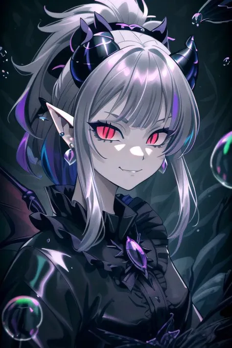 professional image of a cute young woman, (frilly elegant glossy dark holographic dress, pearl brooch, pearl earrings, pearl accessories),
(demon horns, demon tail, demon wings:1.1), (hair, ponytail, hair above cheeks, grey hair with dark purple hairtips, gradient hair, multicolored hair:1.2), (red eyes, evil smirk, evil face:1.2), (pointy ears, sharp fangs:1.1), (snake eyes, IncrsSlitPupil, slit pupils), (Corrupt_Girl, corruption, dark persona:1.3), dark,
(intricate dark aquatic background, underwater darkness, dark water, dark ocean floor, deep-sea fish, bubbles:1.4), 
(ultra wide angle shot, cinematic style, absurdres, incredibly absurdres, huge filesize, extremely detailed, High quality texture, physically-based rendering, Ray tracing, octane render, sharp focus, (8k), (4k), (Masterpiece), (Best Quality), extremely detailed, intricate, hyper detailed, illustration, soft lighting, high resolution, sharp detail,)