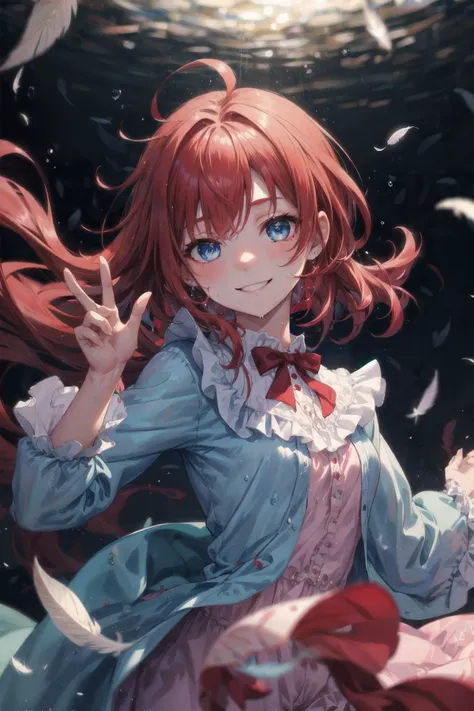 1girl,frilled pajamas,looking at viewer,floating_hair,blurry background,(feathers:1.1),glitter,floating,dress,dress out of frame,upper_body,(water drop:1.1),red_hair,messy_hair,long_hair,blue_eyes,****,smile,dancing, best quality,highres