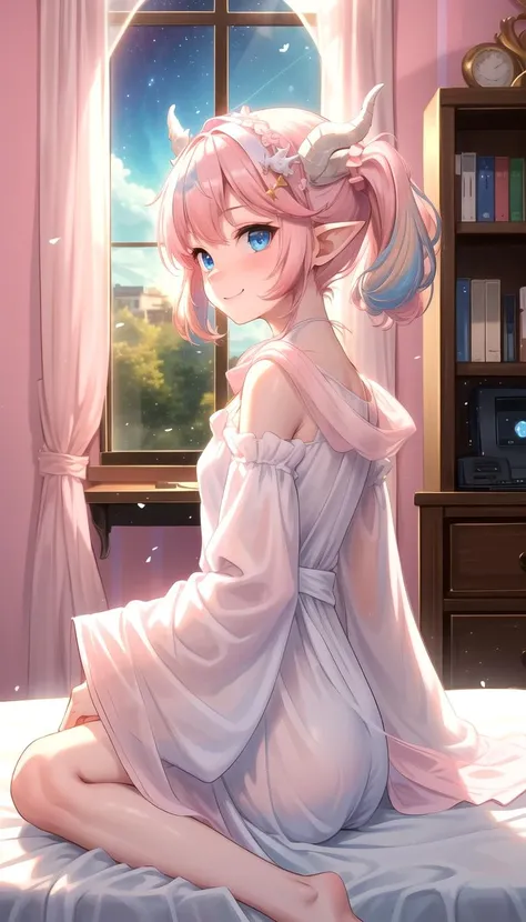 (Asymmetric chiffon white  gown:1.5), (facing viewer:1.3). (arm side), (looking at up side:1.4), sitting, (shy), (Innocent:1.5), (Yuta:1.0), (circle gown:1.5), (Long sleeves:1.4), (fluffy sleeves:1.4), (Wide sleeves:1.3), less light, (star accessory on gown:1.4), (light blue layer 1.4), (hair accessory:1.3), (layered:1.5), (point particles:1.5), (hair pins:1.3), (on wind:1.5), Child face, Medium hair, small breast, (Two ponytails:1.3), POINTY EARS, smoothing, (Hear jewel hair ornament:1.3), (beautiful:1.2), (blue eyes), space eyes, HD, extra detailed, smile, (Cute:1.1), (room background:1.4), (Pink walls:1.4), (computer table:1.2), (bed:1.4), (toys in closet:1.3), (window:1.3), transparent Pink curtains, (solo:1.5), (Light Pink hair:1.5), hair above cheeks:1.5), masterpiece, best quality, (white dragon horns:1.3), (Small breast:1.0), masterpiece, best quality