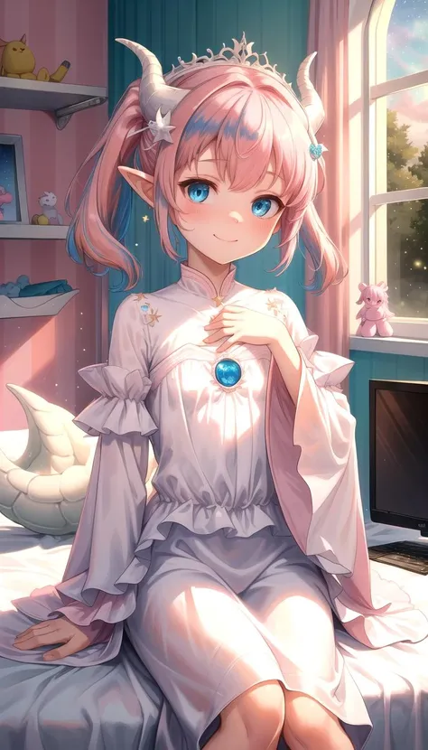 (Asymmetric chiffon white gown:1.5), arm over face, bored, half closed eyes, sitting, (shy), (Innocent:1.5), (Yuta:1.0), (circle gown:1.5), (Long sleeves:1.4), (fluffy sleeves:1.4), (Wide sleeves:1.3), less light, (star accessory on gown:1.4), (light blue layer 1.4), (hair accessory:1.3), (layered:1.5), (point particles:1.5), (hair pins:1.3), (on wind:1.5), Child face, Medium hair, small breast, (Two ponytails:1.3), POINTY EARS, smoothing, (Hear jewel hair ornament:1.3), (beautiful:1.2), (blue eyes), space eyes, HD, extra detailed, smile, (Cute:1.1), (room background:1.4), (Pink walls:1.4), (computer table:1.2), (bed:1.4), (toys in closet:1.3), (window:1.3), transparent Pink curtains, (solo:1.5), (Light Pink hair:1.5), hair above cheeks:1.5), masterpiece, best quality, (white dragon horns:1.3), (Small breast:1.0), masterpiece, best quality