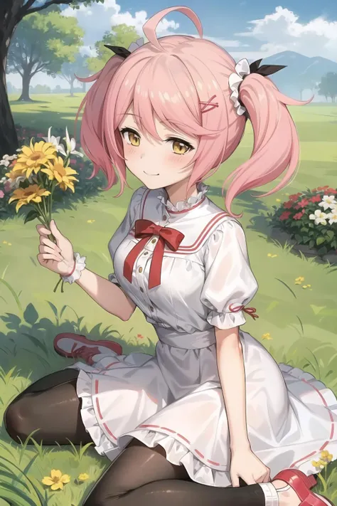 1girl, <lora:PhiluffyAingram-000005:0.8>, PhiluffyAingram, solo, looking_at_viewer, blush, smile, hair_ornament, dress, holding, twintails, sitting, yellow_eyes, pink_hair, flower, ahoge, short_sleeves, outdoors, shoes, white_dress, wariza, scrunchie, grass, red_footwear, mary_janes, holding_flower