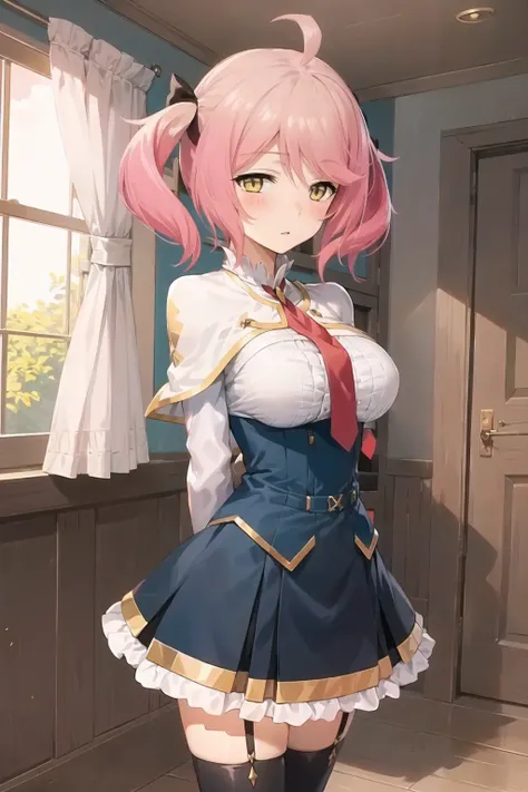 1girl, <lora:PhiluffyAingramV2-000003:1> , PhiluffyAingram, RoyalAcademy, solo, breasts, looking_at_viewer, blush, short_hair, bangs, skirt, large_breasts, shirt, thighhighs, long_sleeves, hair_between_eyes, twintails, yellow_eyes, pink_hair, ahoge, cowboy_shot, frills, necktie, skirt, zettai_ryouiki, black_bow, gradient_hair, capelet, arms_behind_back, red_necktie, window