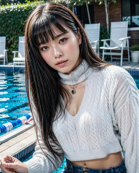 pureerosface_v1:0.45, best quality, photorealistic, 8k, high res, 1girl, woman, (skindentation), (portrait:0.6), gorgeous, dynamicpose, ((poolsidebackground:1.6)), ((necksweater:1.79)), straight-looking at viewer:1.8, (1girl eyes looking at viewer, medium-length hair, brownhair, sweptbangs:1.45), (bokeh), (closed mouth:1.16), <lora:AAG-umi2:0.65>