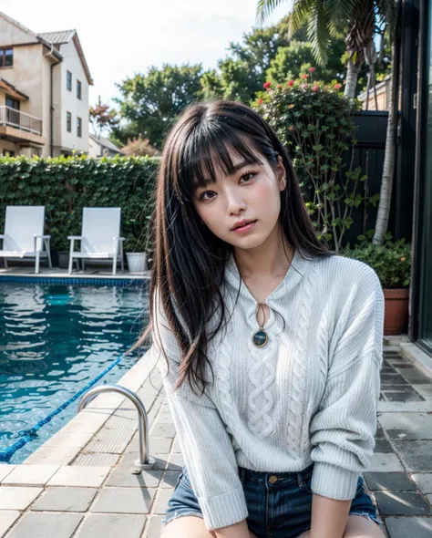 pureerosface_v1:0.45, best quality, photorealistic, 8k, high res, 1girl, woman, (skindentation), (portrait:0.6), gorgeous, dynamicpose, ((poolsidebackground:1.6)), ((necksweater:1.79)), straight-looking at viewer:1.8, (1girl eyes looking at viewer, medium-length hair, brownhair, sweptbangs:1.45), (bokeh), (closed mouth:1.16), <lora:AAG-umi2:0.65>