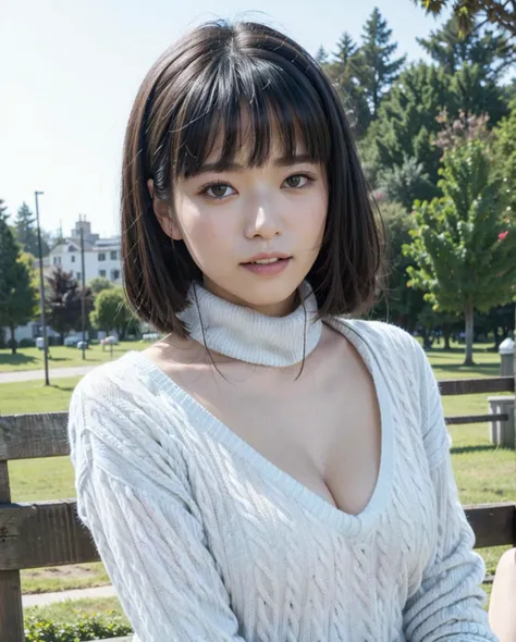 pureerosface_v1:0.3, best quality, photorealistic, 8k, high res, full color, 1girl, woman, 20 years old woman, (skindentation), (portrait:0.6), trees, park bench, daylight, ((park background:1.52)), full color, ((necksweater:1.68)), looking at viewer:1.8, (1girl eyes looking at viewer:1.55), (short-length hair, blackhair, partedbangs:1.45), (bokeh), <lora:AAG-umi2:0.7>