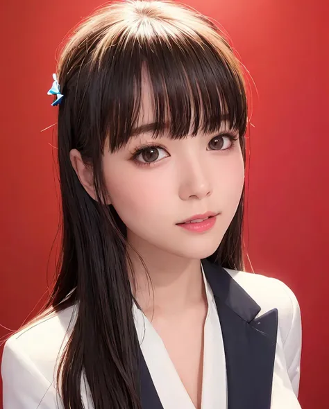 RAW, sharp focus, delicate, beautiful composition, best quality, (realistic), high quality, ultra detailed, (Real picture), (realistic skin), (intricate details), (latex skin:0.4), (detailed skin:1.3), (perfect glossy shiny skins:0.6), (beautiful eyes), round eyes, pretty face, Blushing face, glossy lips, high nose bridge, [:(detailed face:1.2):0.2], shiny eyes, (pureerosface_v1:0.1), instagram, (kpop idol, korean mixed), a face of perfect proportion, (high nose:0.7), realistic humid skin, red lips, Crimson (UA), (happy face:1.2), 8k uhd, dslr, high quality, film grain:1.3, photorealistic, (studio), (blue simple background:1.5), (white blouse: 1.5), (black blazer:1.5), (shut lips:1.3),  <lora:grav-umi:0.61>