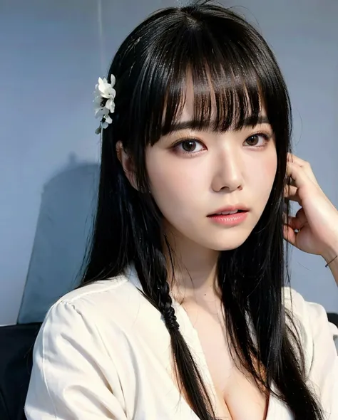 RAW, sharp focus, delicate, beautiful composition, best quality, (realistic), high quality, ultra detailed, (Real picture), (realistic skin), (intricate details), (latex skin:0.4), (detailed skin:1.3), (perfect glossy shiny skins:0.6), (beautiful eyes), round eyes, pretty face, Blushing face, glossy lips, high nose bridge, [:(detailed face:1.2):0.2], shiny eyes, (PureErosFace_V1:0.1), instagram, (kpop idol, korean mixed), a face of perfect proportion, (high nose:0.7), realistic humid skin, red lips, Crimson (UA), (happy face:1.2), 8k uhd, dslr, high quality, film grain:1.3, photorealistic, (studio), (blue simple background:1.5), (white blouse: 1.5), (black blazer:1.5), (shut lips:1.3),(iu1:1.1),  <lora:grav-umi:0.71>