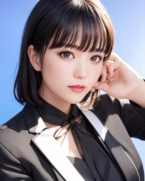 RAW, sharp focus, delicate, beautiful composition, best quality, (realistic), high quality, ultra detailed, (Real picture), (realistic skin), (intricate details), (latex skin:0.4), (detailed skin:1.3), (perfect glossy shiny skins:0.6), (beautiful eyes), round eyes, pretty face, Blushing face, glossy lips, high nose bridge, [:(detailed face:1.2):0.2], shiny eyes, (pureerosface_v1:0.1), instagram, (kpop idol, korean mixed), a face of perfect proportion, (high nose:0.7), realistic humid skin, red lips, Crimson (UA), (happy face:1.2), 8k uhd, dslr, high quality, film grain:1.3, photorealistic, (studio), (blue simple background:1.5), (white blouse: 1.5), (black blazer:1.5), (shut lips:1.3),  <lora:grav-umi:0.41>