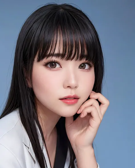 RAW, sharp focus, delicate, beautiful composition, best quality, (realistic), high quality, ultra detailed, (Real picture), (realistic skin), (intricate details), (latex skin:0.4), (detailed skin:1.3), (perfect glossy shiny skins:0.6), (beautiful eyes), round eyes, pretty face, Blushing face, glossy lips, high nose bridge, [:(detailed face:1.2):0.2], shiny eyes, (pureerosface_v1:0.1), instagram, (kpop idol, korean mixed), a face of perfect proportion, (high nose:0.7), realistic humid skin, red lips, Crimson (UA), (happy face:1.2), 8k uhd, dslr, high quality, film grain:1.3, photorealistic, (studio), (blue simple background:1.5), (white blouse: 1.5), (black blazer:1.5), (shut lips:1.3),  <lora:grav-umi:0.61>