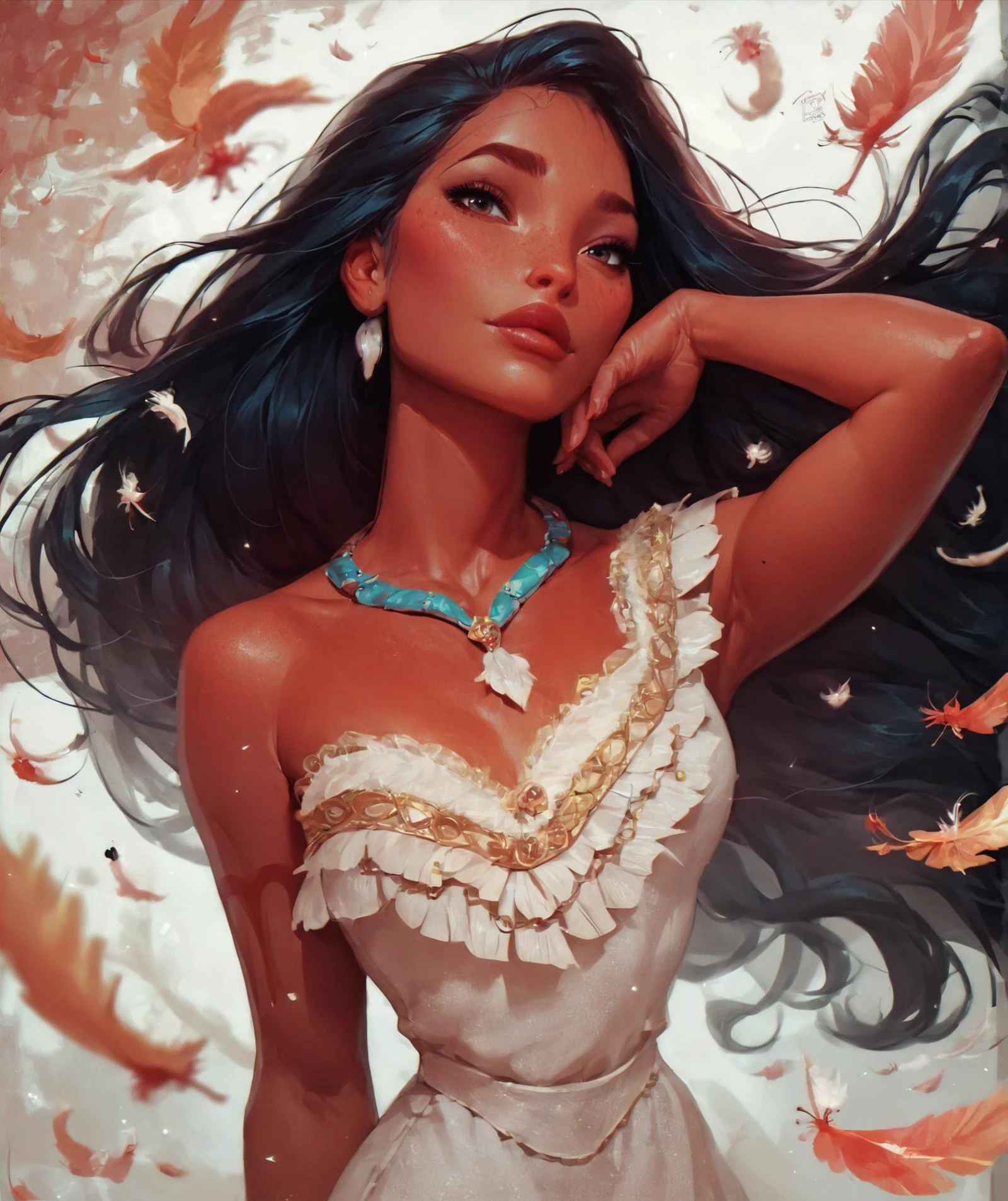 score_9, score_8_up, score_7_up, score_6_up, score_5_up, <lora:PocahontasXLP_character:1> beautiful portrait of PocahontasXLP, dark skin, long hair, necklace, strapless, dress, feathers, <lora:1dkXLP:0.4> 1dk, highly detailed facial features, looking at viewer, sexy pose, sharp focus