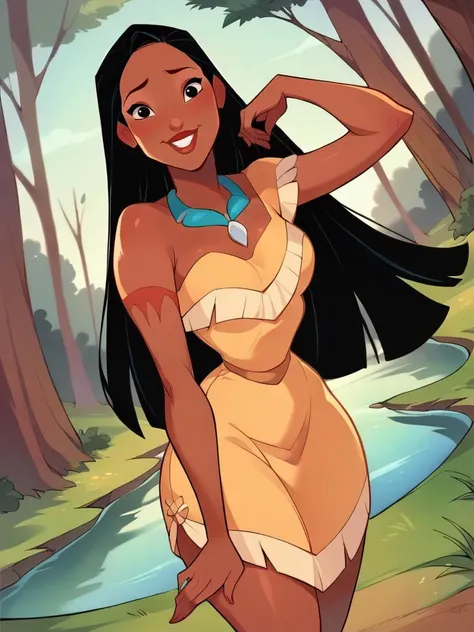 score_9, score_8_up, score_7_up, score_6_up, PocahontasXLP lay on tree, leaning forward, sexy pose, smile, nervous, dark skin, long hair, necklace, strapless, dress, feathers, medium breasts, narrow waist, wide hips, thick thighs, looking at viewer, cowboy shot, cartoon, dynamic pose, smile, cute, wide shot, solo, forest, lake, disney, dutch angle,
<lora:PocahontasXLP_character:1>