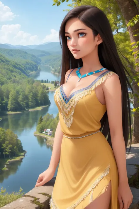 ((masterpiece, best quality:1.2),
PocahontasWaifu,(beautiful skin:1.2),18 years old,beautiful face,elegant face,(beautiful eyes:1.4),brown eyes,black hair,(tribal, dress:1.2),breasts,
outdoors,forest,view of lake from cliff,blue sky,cowboy shot, <lora:pocahontasDisney_v10:0.5>