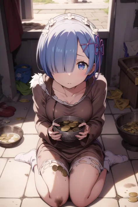 anime, hdr, soft light, ((best quality)), ((masterpiece)), (detailed), <lora:RemV1:0.6> rem_\(re_zero\), hair over one eye, (RagClothing:1.1), dirty clothes, brown clothes, begging, slum, sad, begging for money, on knees, holding bowl, bowl with coins, at the side of a street, <lyco:Rags:0.8>