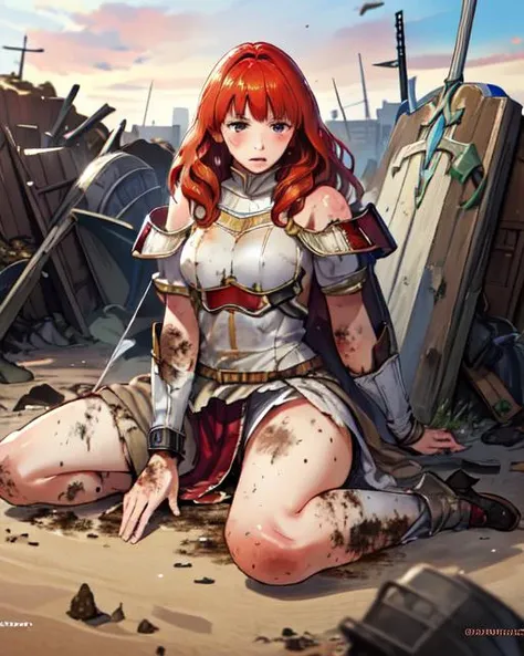 best quality, masterpiece, highres, detailed, perfect anatomy, <lora:Detail - add_detail:0.2>, <lyco:Traits - Rags:0.8>, RagClothing, dirty clothes, white armor, celica FE, battlefield, dirty face, dirty hair, tired, <lora:celica:0.8>, fantasy battlefield, swords, fallen knights, fallen soldier, medieval,