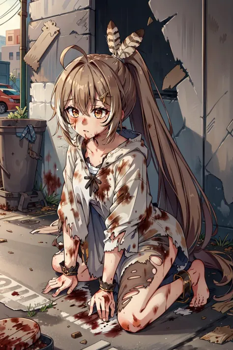 (masterpiece, best quality), intricate details,
1girl, <lora:nanashi_mumei_v1:0.8> aamumei, very long hair, ponytail, ahoge, multicolored hair, feather hair ornament, hairclip,
RagClothing, <lyco:Rags:0.8>brown clothes, brown dress, dirty clothes, torn clothes, blood on clothes, dirty street, begging for food, barefoot,