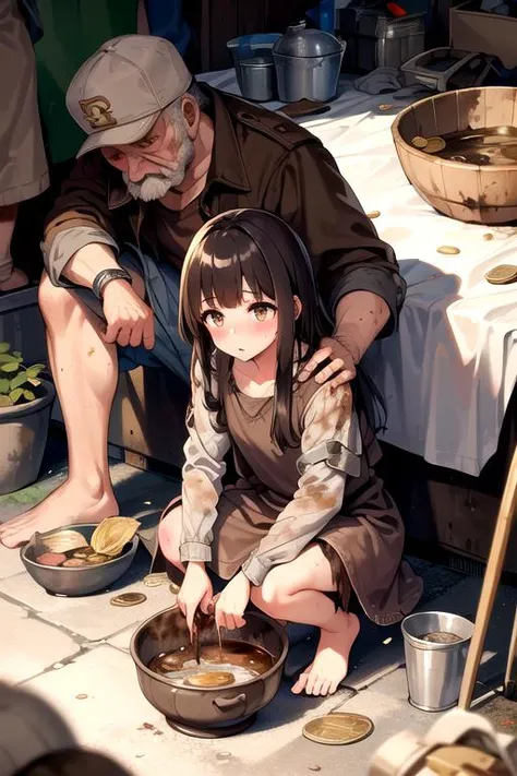 best quality, masterpiece, highres, detailed, perfect anatomy, RagClothing, dirty clothes, brown clothes, 1girl, brown eyes, brown dress, begging, slum, body writing, swept bangs, long hair, begging for money, on knees, holding bowl, bowl with coins, at the side of a street <lyco:characterChangeRags:0.8>, 1boy, old man, ugly man