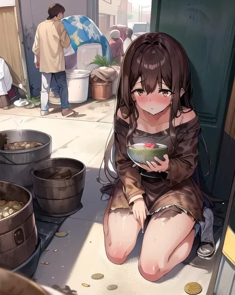 best quality, masterpiece, highres, detailed, perfect anatomy, <lora:Detail - add_detail:0.2>, <lyco:Traits - Rags:0.8>, RagClothing, dirty clothes, brown clothes, 1girl, <lora:ChihoNTR:0.9>, brown eyes, brown dress, begging, slum, body writing, swept bangs, long hair, begging for money, on knees, holding bowl, bowl with coins, at the side of a street,