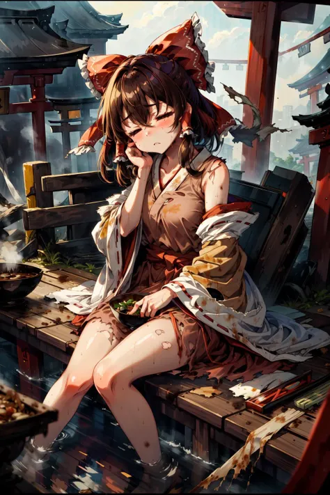 masterpiece,best quality,1girl,hakurei reimu,frown,closed eyes,sitting,head rest,RagClothing,brown clothes,brown dress,dirty clothes,torn clothes,bowl,torii,japanese shrine,<lora:Rags:0.7>,
