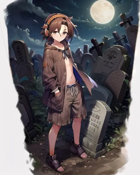 best quality, masterpiece, highres, detailed, perfect anatomy, <lora:Detail - add_detail:0.2>, <lyco:Traits - Rags:0.8>, RagClothing, dirty clothes, brown clothes, 1boy, graveyard, night, moon, brown hair, brown eyes, orange headphones, asakuraYoh <lora:AsakuraYoh:0.8>, open clothes,
