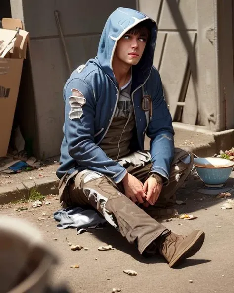 best quality, masterpiece, highres, detailed, perfect anatomy, <lora:Detail - add_detail:0.2>, <lyco:Traits - Rags:0.7>, RagClothing, dirty clothes, sitting, in the corner, begging for food, <lora:JaceM:0.8>, Jacemind, city, hood, rags, torn clothes, glowing blue eyes, holding bowl, 30 year old man,