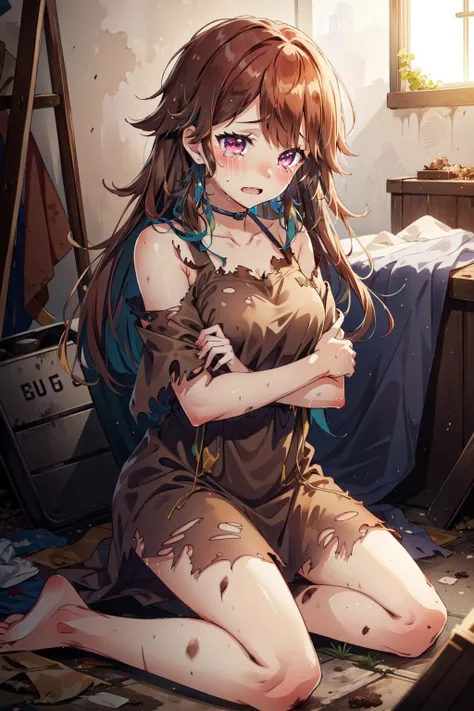 (masterpiece, best quality), intricate details,
1girl, <lora:Kiara-LoCon32V2:0.8> tenchou, takanashi kiara,
RagClothing, <lyco:Rags:0.8>brown clothes, brown dress, dirty clothes, torn clothes, barefoot, crying,