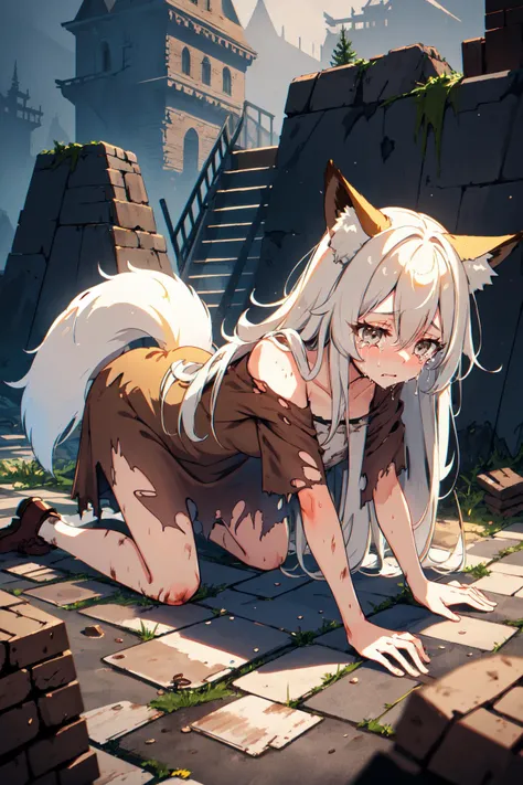 (high quality, best quality, 4k, 2k, (intricate:1.1), (high detail:1.3)), ((all fours, fantasy world, cobblestone, mud, castle)), (official wallpaper, volumetric lighting, dynamic lighting),
1girl, solo, (fox girl, fox ears, fox tail), (white hair), long hair, (messy hair), (grey eyes),
brown rags, RagClothing, brown clothes, brown dress, dirty clothes, torn clothes,
crawling, ((tired, exhausted, crying)), cowboy shot,
<lora:Rags:0.8>