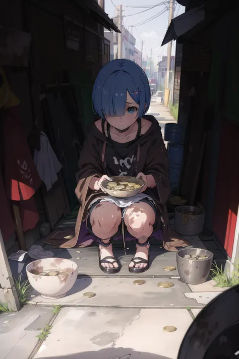 anime, hdr, soft light, ((best quality)), ((masterpiece)), (detailed), <lora:RemV1:0.6> rem_\(re_zero\), hair over one eye, (RagClothing:1.1), dirty clothes, brown clothes, begging, slum, sad, begging for money, on knees, holding bowl, bowl with coins, at the side of a street, <lyco:Rags:0.8>
