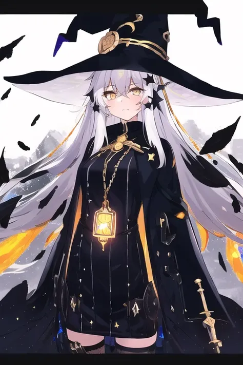 masterpiece, best quality, YkYi background, close-up, CyLm, sympathy style, Holy Pressure, 1 girl, solo, looking at viewer, the girl is a witch, the girl is War damaged, messy white hair, gold eyes, kermes Inus clothes, curb chain, star background, Dindal light