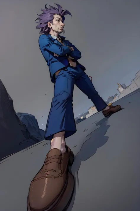 (masterpiece, best quality, 4k, detailed, intricate, realistic),incrswidestancememe,from below, foreshortening, perspective, crossed arms,male focus,stu pickles,dark blue hair, short messy hair, stubble, black eyes,brown shoes,suit,red tie <lora:WideStanceMeme:1.1> <lora:Stu Pickles - V1:0.8>