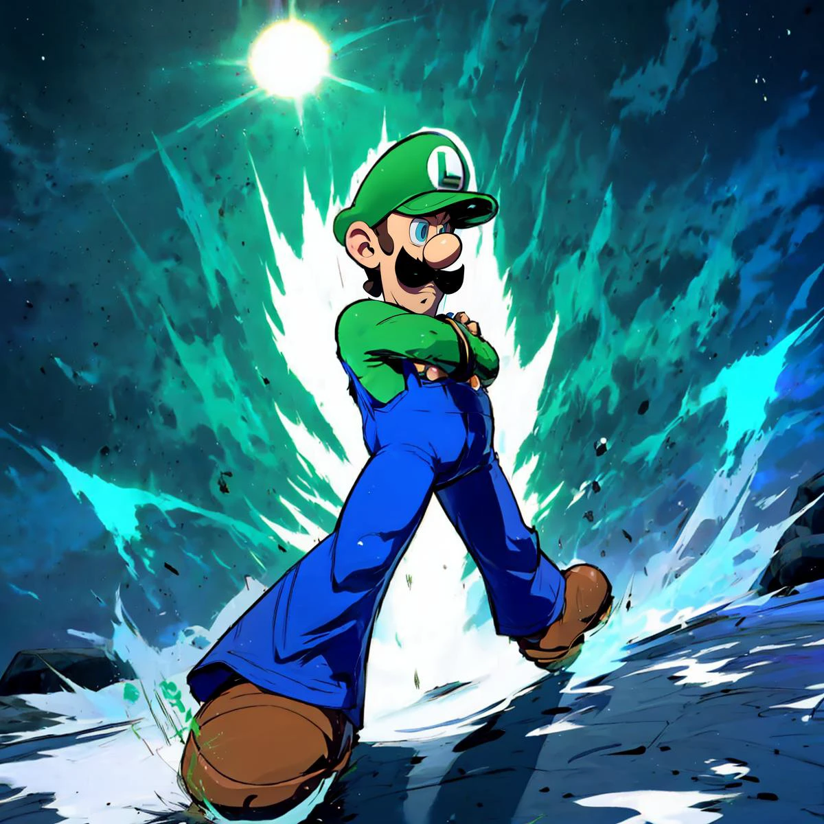 masterpiece, best quality, <lora:WideStanceMeme:1> Luigi, green aura IncrsWideStanceMeme, solo, from below, foreshortening, perspective, crossed arms, white gloves, <lora:Luigi:.85>Ki Charge, mustache, overalls, green shirt, sky, cloud, sun, super star <lora:DBKiCharge:0.75> aura, blue eyes, disgust, <lora:add_detail:0.2>