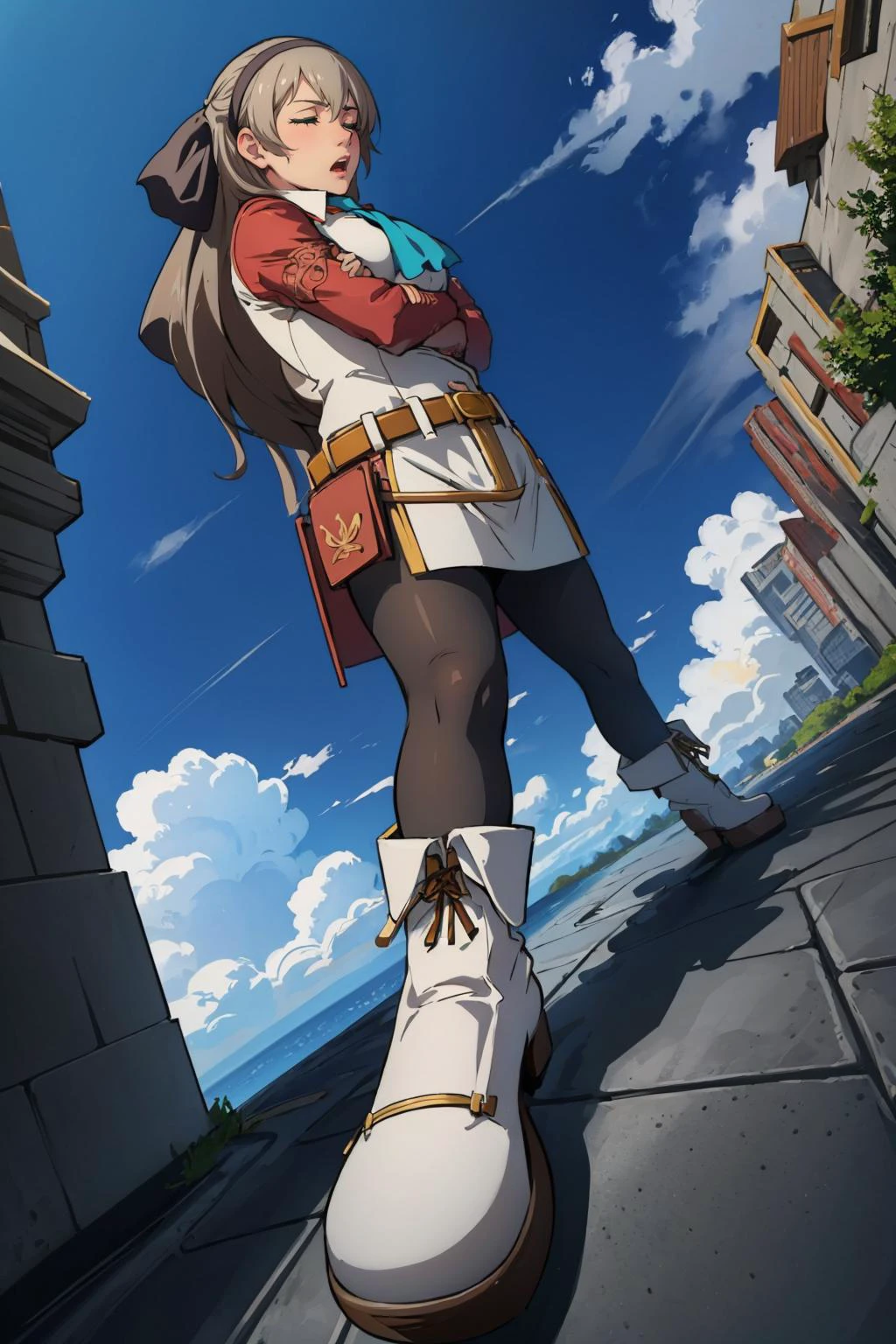 masterpiece, best quality, <lora:WideStanceMeme:1> IncrsWideStanceMeme, from below, foreshortening, perspective, crossed arms, blue sky, cityscape, closed eyes, furrowed brow, yelling <lora:elie-nvwls-v2-zero:0.9> elie macdowell, green eyes, hairband, blue ascot, hair ribbon, long sleeves, belt, pantyhose, white boots