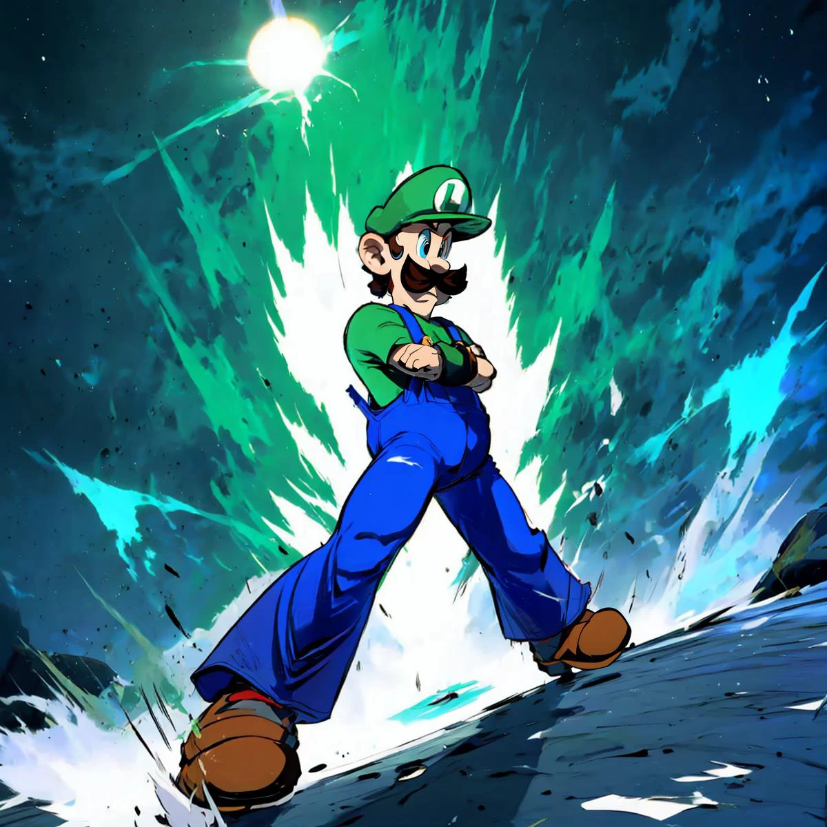 masterpiece, best quality, <lora:WideStanceMeme:1> Luigi, green aura IncrsWideStanceMeme, solo, from below, foreshortening, perspective, crossed arms, white gloves, <lora:Luigi:.85>Ki Charge, mustache, overalls, green shirt, sky, cloud, sun, super star <lora:DBKiCharge:0.75> aura, fighting stance, blue eyes, disgust, <lora:add_detail:0.2>