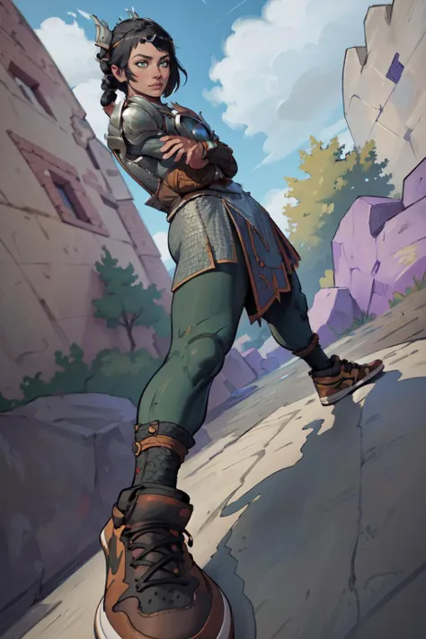 (masterpiece, best quality, 4k, aesthetic, detailed, intricate),incrswidestancememe,from below, foreshortening, perspective, crossed arms,air_jordan_1,1girl,shadowheart,armor, shoulder armor, breastplate, pauldrons,black hair,green eyes,sneakers  <lora:WideStanceMeme:1.1> <lora:shadowheart:0.8>  <lora:air_jordan_1-03[1]:0.8>