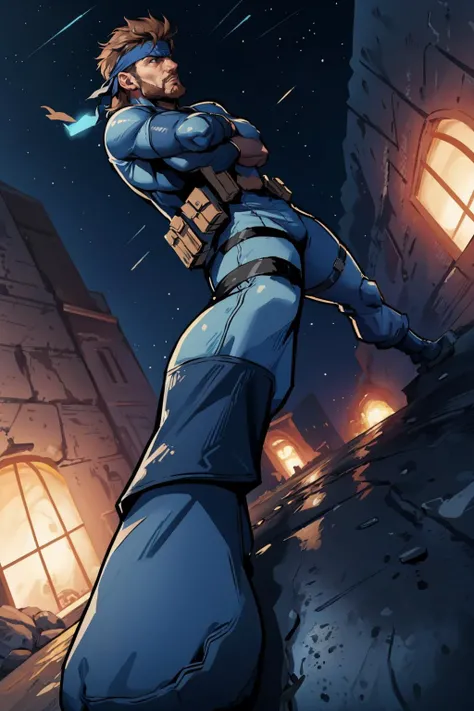 masterpiece, best quality, <lora:WideStanceMeme:1> IncrsWideStanceMeme, from below, foreshortening, perspective, crossed arms, night sky <lora:solidsnake-nvwls-v1-final:0.8> solid snake, facial hair, blue bodysuit, gloves, headband