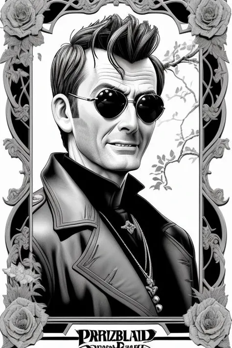 Intricate detailed vector illustration of gocrow, smiling, with sunglasses, leather jacket, with an apple tree, white background, coloring book, clear outline , black and white , 4K resolution