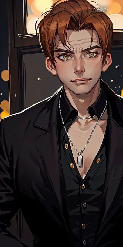(gocrow:1.1), extremely detailed face, black jacket, silver necklace, black shirt, extremely detailed, solo, 1boy, bokeh,