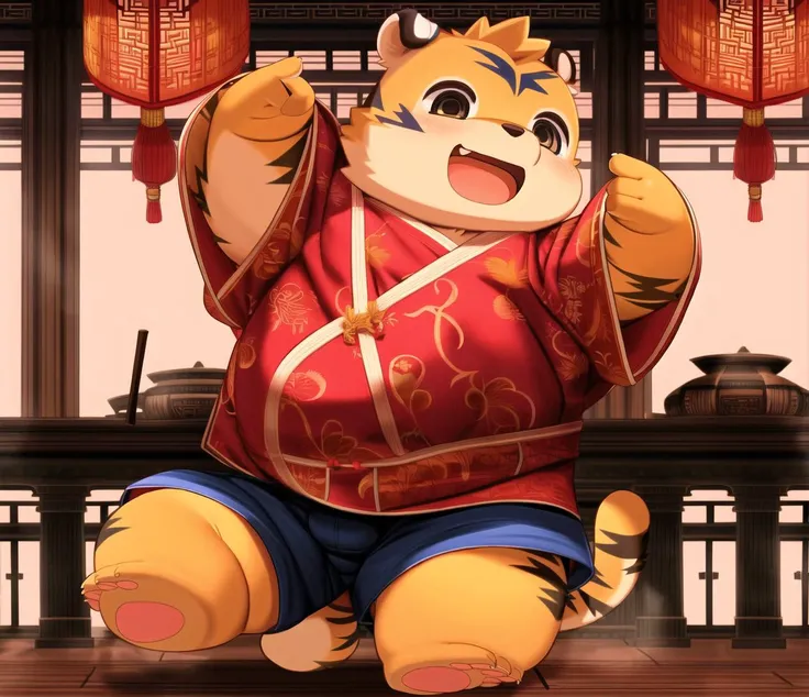 moki, fat, furry male, tiger, cute, shorts, chinese robe, character focus, anime, overweight, belly, male, anthro, masterpiece, best quality, ultra-detailed detailed, detailed digital artwork, hi res,  aesthetic natural  colors, atmospheric<lora:moki style-000006:0.87>  <lora:more_details:0.47>