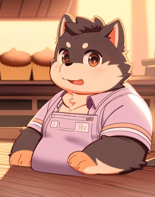 bakery, soft lighting, fat, male, moki, cute, clothed, male, solo, anthro, ( [ dog: [ fluffy | grey fur ] : 0.2, 0.4 ], ) canine, detailed fur, fluffy, tuft, chest tuft, chubby, two tone body, masterpiece, best quality, ultra-detailed detailed, detailed digital artwork, hi res,  <lora:moki style-000006:1>