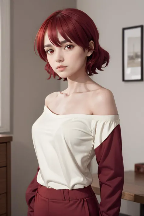 masterpiece, best quality, mature female, <lora:kubo_akina_v1:.95> aaakina, short hair, collarbone, bare shoulders, off-shoulder shirt, white shirt, long sleeves, red pants