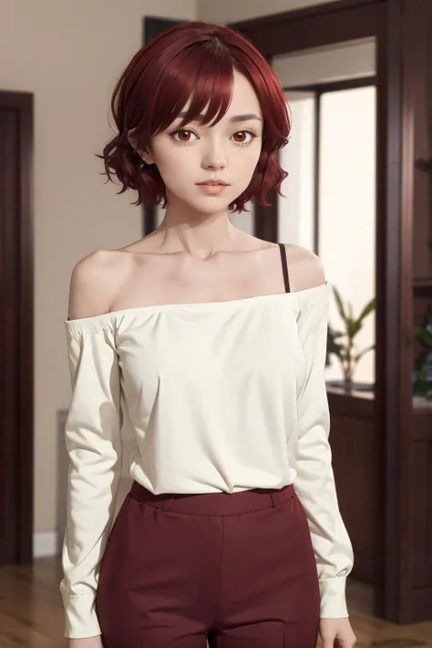 masterpiece, best quality, mature female, <lora:kubo_akina_v1:.95> aaakina, short hair, collarbone, bare shoulders, off-shoulder shirt, white shirt, long sleeves, red pants