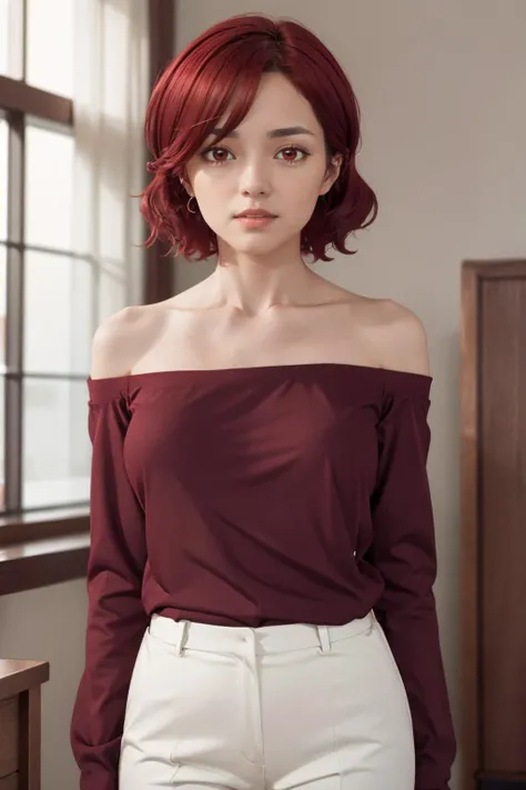 masterpiece, best quality, mature female, <lora:kubo_akina_v1:.95> aaakina, short hair, collarbone, bare shoulders, off-shoulder shirt, white shirt, long sleeves, red pants