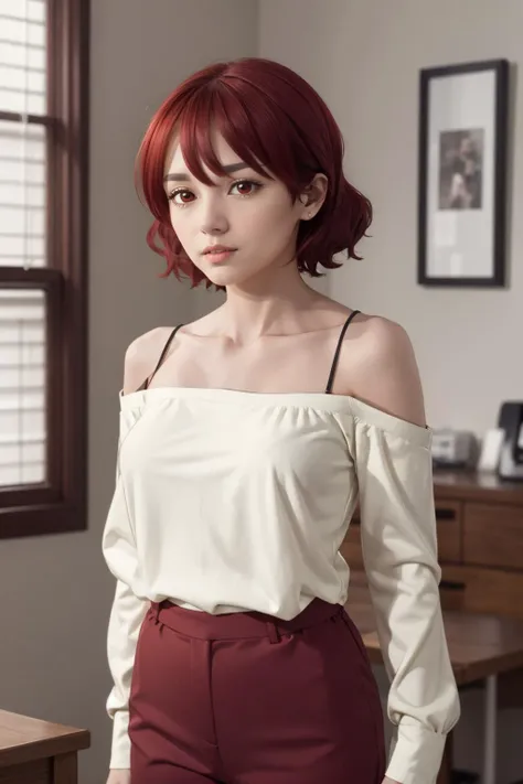 masterpiece, best quality, mature female, <lora:kubo_akina_v1:.95> aaakina, short hair, collarbone, bare shoulders, off-shoulder shirt, white shirt, long sleeves, red pants