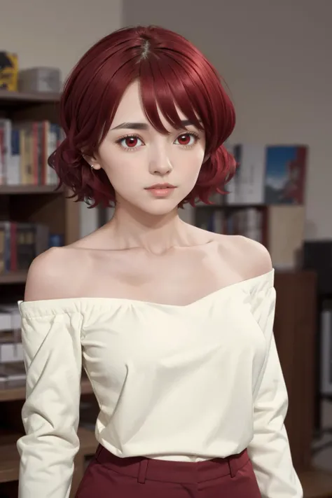 masterpiece, best quality, mature female, <lora:kubo_akina_v1:.95> aaakina, short hair, collarbone, bare shoulders, off-shoulder shirt, white shirt, long sleeves, red pants